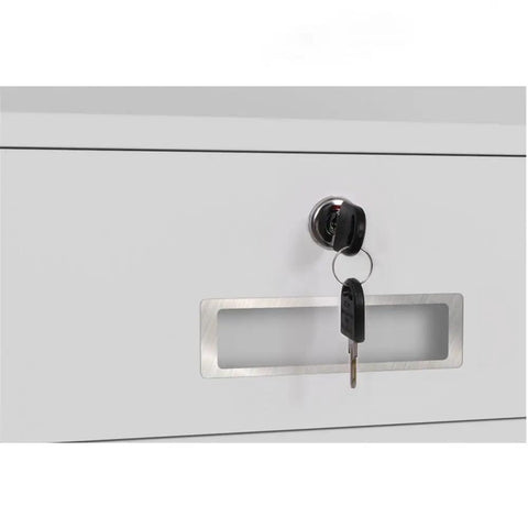 Locking Home Office Storage Cabinet In Heavy Duty Steel, Multifunction File Cabinet with key in lock close-up view