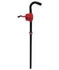 No Gimmicks Real Deal Heavy Duty Manual Rotary Hand Pump Made For Diesel Gasoline And Kerosene with a black tube and red handle.
