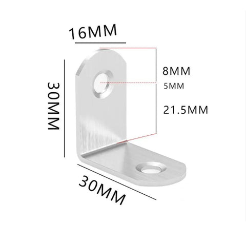 The Real Deal 304 Stainless Steel Corner Braces 90 Degree L Shaped Joint Connectors With 40 Screws showing dimensions 30MM x 30MM.
