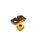 Front view of three CCMT carbide turning inserts for lathe finishing steel, yellow and gray coated.
