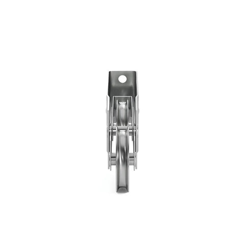 Front view of a Patio Door Roller Tandem With One And A Half Inch Stainless Steel Wheels For Smooth Sliding Replacement Easy Install And Long Lasting Performance Stainless Steel Construction With Tapered Edges For Effortless Movement And Quiet Operation showing dual wheels.