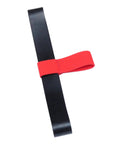 Elastic Diving Cylinder Hose Retainer Band For 6L And 12L Tanks, black rubber nonslip strap with red clip, top view.