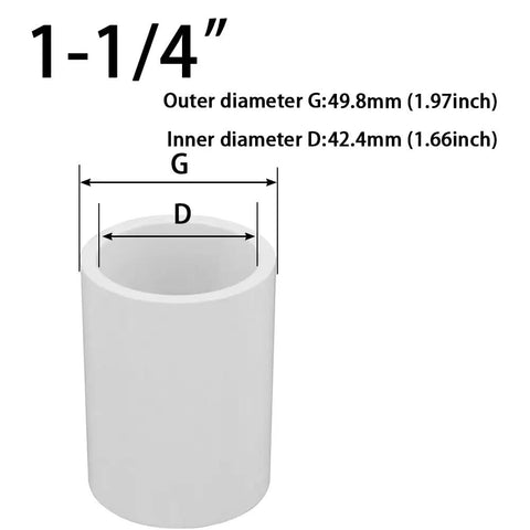 Diagram of 1.25 Inch PVC Coupling 2 Way Socket showing outer and inner diameter measurements for DIY Projects, Greenhouse, Shed, Furniture Builds.