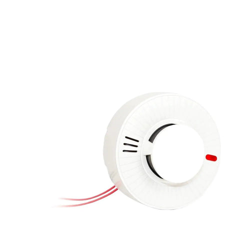 Real Deal Hardwired AC220V Smoke Detector With NO NC Switch Output For Reliable Fire Safety, 85 Decibel Siren And Smart Sensors Ditch False Alerts From Daily Cooking Smoke, shown with red LED.