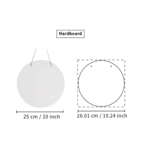 Six Pack 10 Inch Round Sublimation Door Hanger Blanks White Hardboard MDF Wood For Heat Press Printing Wall Decor Ornaments For DIY Custom Designs Gift Box Included, showing dimensions and material details.