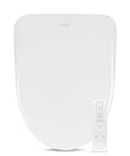 Top Shelf Elongated Bidet Toilet Seat Crisp White with remote control for adjustable nozzle and heated cushion.