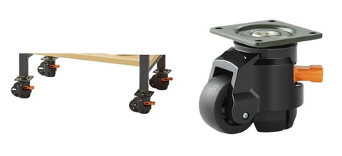 Heavy Duty Swivel Caster Wheels 4 Pack With Quick Adjust Leveling Feet, showcasing a durable nylon caster mounted on a workbench.