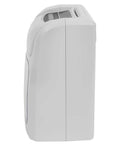 Heavy Duty Electronic Punch Time Clock For Small Business Crews Offering Hassle Free Auto Aligning Card Feeder And Keyed Security Lock Includes Fifty Trackers Plus Master Control Key side view, compact design, white plastic material.