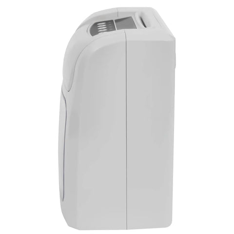 Heavy Duty Electronic Punch Time Clock For Small Business Crews Offering Hassle Free Auto Aligning Card Feeder And Keyed Security Lock Includes Fifty Trackers Plus Master Control Key side view, compact design, white plastic material.