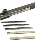 Front view of mini parting tool holder with six HSS blades for mini lathes, 8 mm shank.