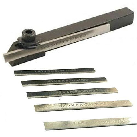 Front view of mini parting tool holder with six HSS blades for mini lathes, 8 mm shank.
