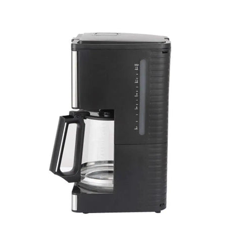 Black side-view coffee maker with transparent carafe and water level indicator