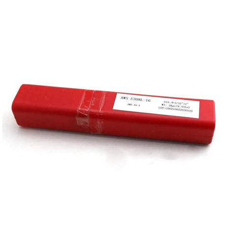 Red package of Stainless Steel Stick Welding Electrodes E308L16 For Fabrication And Repair AWS E308L16 Rods on white background