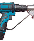 Cordless drill with blue and black body and sheet metal cutting attachment mounted on the chuck.