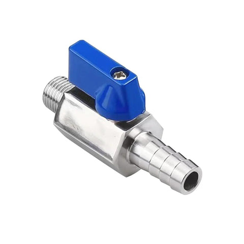 BesNPT stainless steel shut-off valve with blue lever, 1/4 NPT male to 1/4 hose barb.