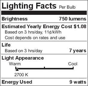 Front view: Lighting Facts label for LED A19 bulb, 750 lumens, 2700 K warm.