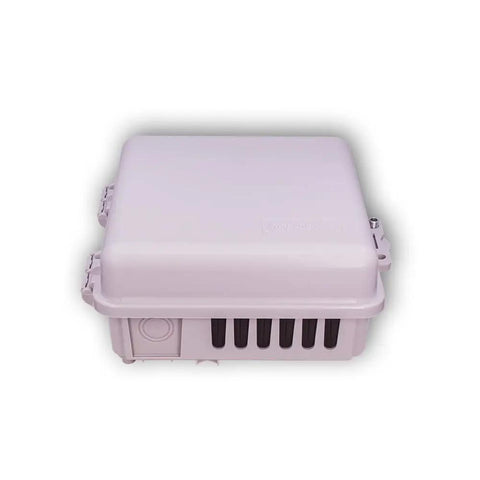 Front view of Heavy Duty Weatherproof Multi Purpose Enclosure 9x9x4 Inch with cable retention slots and flexible mounting bosses.