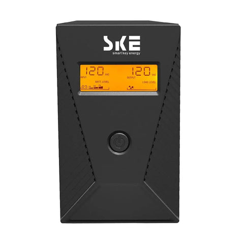Front view of a 600VA/360W UPS Battery Backup And Surge Protector for Computers Routers NAS And Home Theaters with AVR display