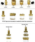 Front view of brass Schrader valve to male NPT fittings; assortment with various thread sizes for sprinkler winterization.