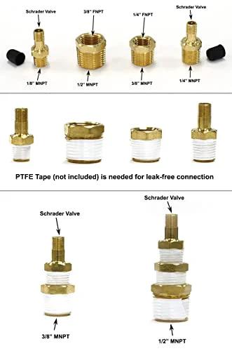 Front view of brass Schrader valve to male NPT fittings; assortment with various thread sizes for sprinkler winterization.