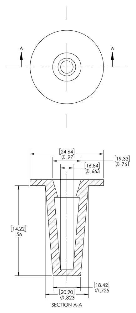 Front view of Caplugs T-9X T Series tapered cap and plug, red LD-PE.  
Section A-A: cross-section of tapered cap with inner plug in LD-PE.