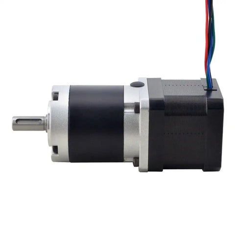 Side view of Nema 17 Stepper Motor with 39mm housing and 100 to 1 MG Series Planetary Gearbox, showing built-in coupling and wires