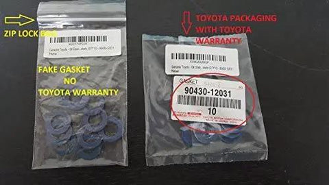 Close-up of Toyota Oil Drain Plug Gasket Set Blue QTY 10 For Quick No Fuss Oil Change Replacement Seals in packaging with warranty label.