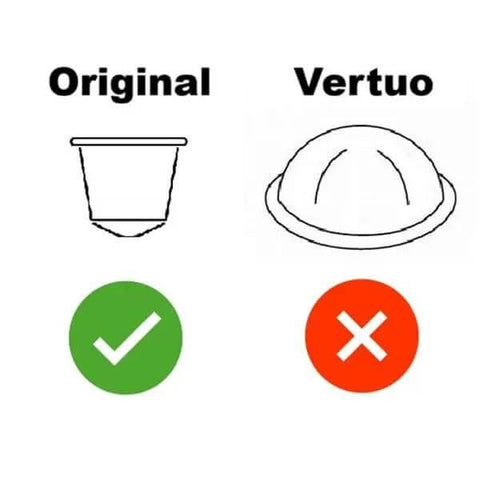 Diagram showing compatibility of coffee pods with Nespresso Original marked with green check, Vertuo with red cross.