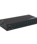 Industrial USB 3.0 Hub With 10 Ports, Heavy-Duty Metal Mountable Design, Power Adapter Included, angled view of 10 blue ports