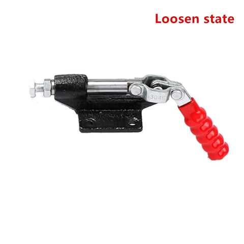 Heavy Duty Push Pull Toggle Clamp Locks Down Tight With A Hefty 500 Pound Rock Solid Grip in loosened state for shop use.