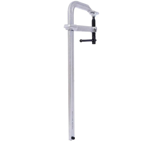 Solid 16 Inch Heavy Duty F Clamp Made From Drop Forged Steel Boasts A Massive Throat And 1400 Lbs Force side view of tool