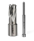 Front view of two steel cutting tools: 5/8 in annular cutter (1 in DOC) and 3/4 in Weldon shank mag drill bit with pilot pin