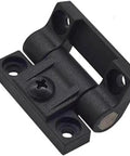 Close-up of Adjustable Torque Hinge Set For Doors And Cabinets 43mm By 36mm Black Plastic With Four Countersunk Holes Position Control