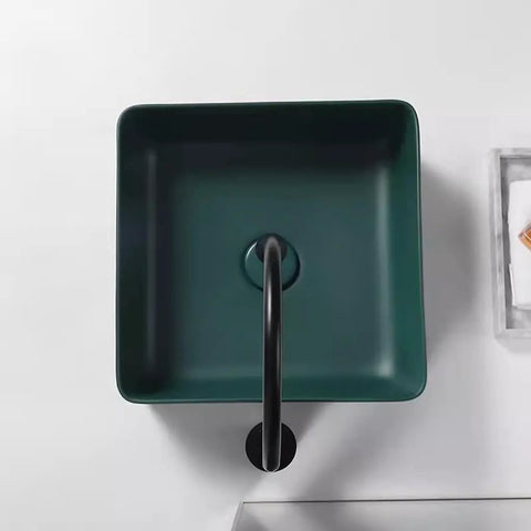 USZWBY Vessel Sinks Nordic Countertop Basin Matte Green Ceramic Square Washbasin Bathroom top view with black faucet
