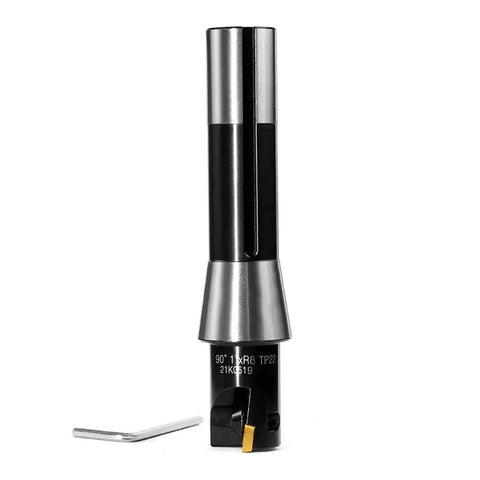 Front view of Beefy Indexable End Mill With R8 Shank One Inch Cutting Diameter And Five And Nine Sixteenths Inch Length Built For Smooth Milling Tin Coated TPG22 Inserts Two Flutes Includes Two TPCN1103PDTR Inserts For Metalworking