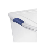 Close-up of Badass 105 Quart Clear Plastic Storage Bin With Snug Blue Latching Lid for easy handling and organization.