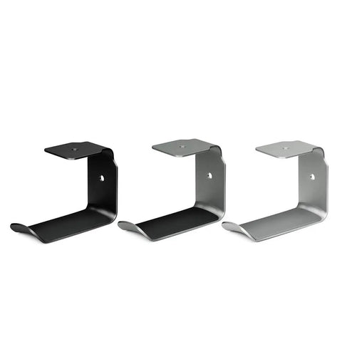 Under Desk Headphone Stand Mount With Self Adhesive Tape L Shape Headset Holder Bracket in black and silver finishes