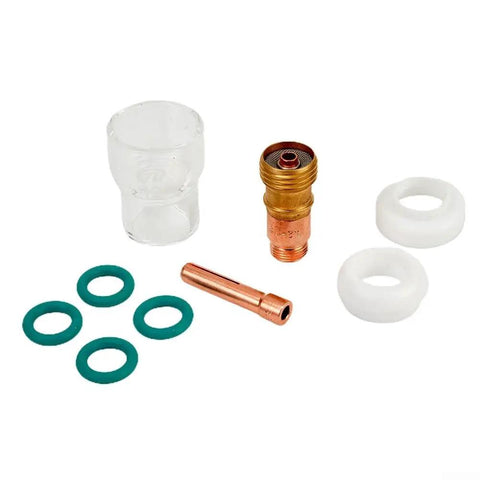 Stout 9-Piece TIG Welding Accessories Kit With #12 Glass Cup For WP-17 And WP-18 Torch setup components including glass cup, collet, and insulators.