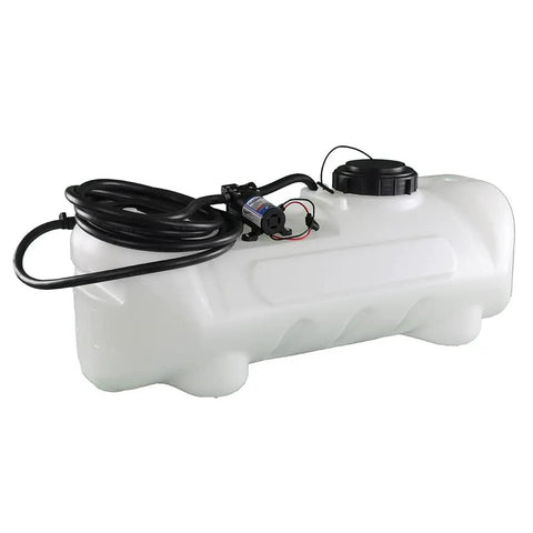 15 Gallon UTV And ATV Spot Sprayer With 1.0 GPM Pump, 40 PSI Max, adjustable spray gun and hose coiled on white tank