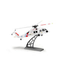 Beginner Friendly RC Helicopter With Brushless Motor And 6 Axis Gyro, rescue livery, on display stand, side view.