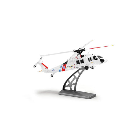 Beginner Friendly RC Helicopter With Brushless Motor And 6 Axis Gyro, rescue livery, on display stand, side view.