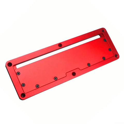 Red aluminum table saw throat plate flip adjustable insert for most circular saws with precise fit and easy installation.