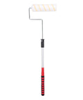 9 Inch Paint Roller Kit With Telescopic Extension Pole Offers A Smooth Operator Approach To Painting Walls And Ceilings While You Skip The Ladder Features A Robust Handle For Easy Grip And Delivers Pro Level Coverage Across Broad Surface Areas, showing a white and yellow striped roller with a sturdy red and black handle.