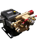 Rugged Heavy Duty Workhorse Three Cylinder Piston Pump For High Pressure Spraying And Smooth Water Transfer Equipped With Auto Relief Valve side view with valves and motor