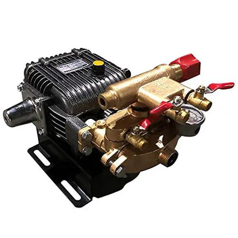 Rugged Heavy Duty Workhorse Three Cylinder Piston Pump For High Pressure Spraying And Smooth Water Transfer Equipped With Auto Relief Valve side view with valves and motor