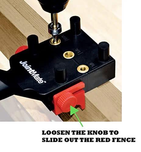 Self Centering Dowel Jig Kit For Woodworking with 3 Metal Bushings, shown with red fence adjustment knob for precise joint alignment.