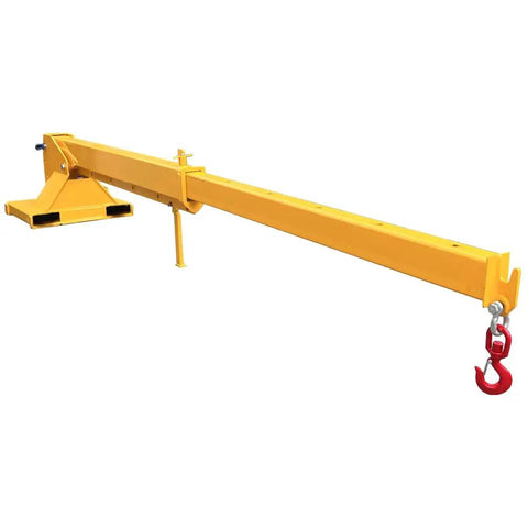 Forklift Jib Boom Crane With Adjustable Tilt 6600 Lbs Capacity, heavy-duty yellow carbon steel jib with hook.