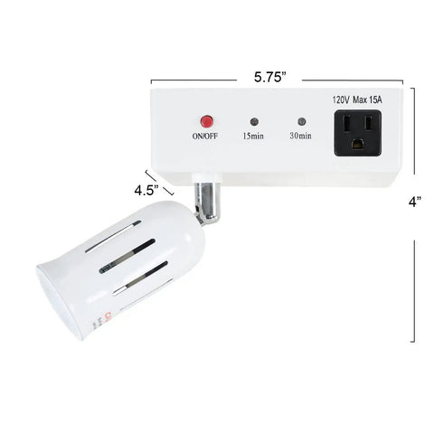 Cabinet Light And Power Kit With 3 Prong Outlet And LED Spotlight Auto Off Timer White, showing dimensions and features.