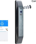 Heavy Duty Smart Door Lock With App Remote Control And Fingerprint Reader For Keyless Entry showing front view and app interface.