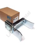 Tough As Nails Heavy Duty Adjustable Slide Gate Receiver Latch And Steel Gate Limit Stop Set For Bulletproof Fence Security Smooth Operation Outdoor Hardware Made In Italy next to its packaging, showcasing durable steel construction.